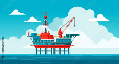 Offshore oil rig platform in the ocean under a cloudy sky.