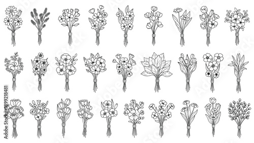 Large collection of small, hand-drawn wildflower bouquets in a detailed vintage engraving or sketch style, perfect for creating rustic and botanical designs.