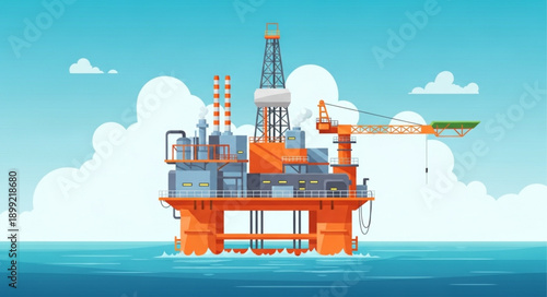 Offshore oil rig platform in the ocean under a cloudy sky.