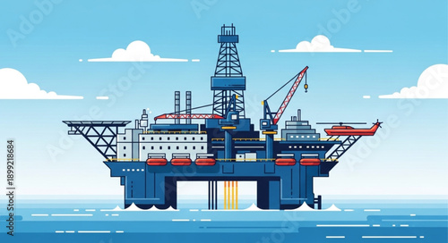 Offshore oil rig platform in the ocean under a cloudy sky.