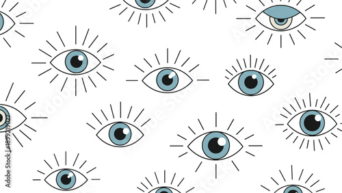 Modern seamless pattern of stylized blue eyes with radiating lashes, creating a trendy and mystical all-seeing eye background.