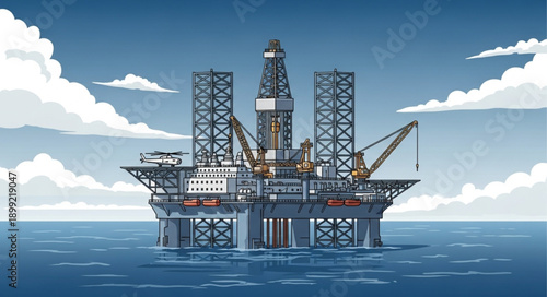 Offshore oil rig platform in the ocean under a cloudy sky.