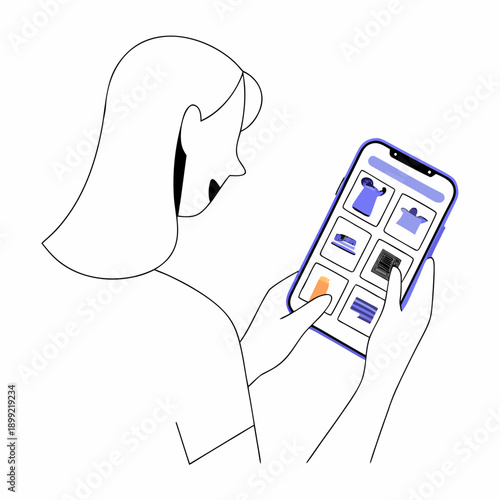 A woman is engrossed in browsing a smartphone filled with various app icons. Vector