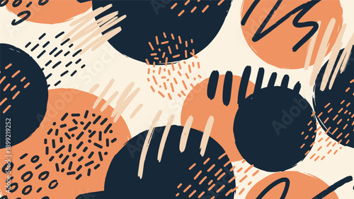 Abstract seamless pattern of hand-drawn textured circles in navy blue and orange, creating a bold and artistic modern design.
