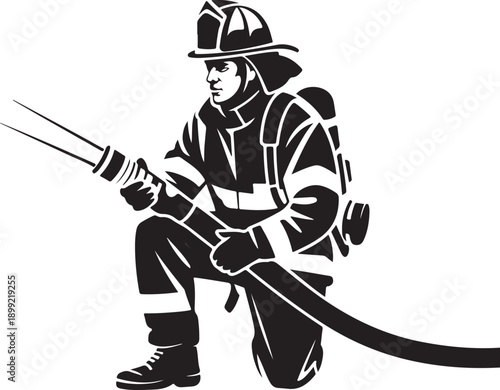 Monochrome illustration of firefighter kneeling and holding fire hose, wearing full gear