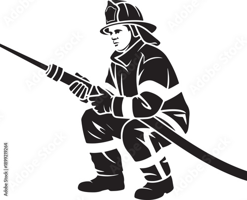 Monochrome illustration of firefighter crouching and holding fire hose, wearing protective gear