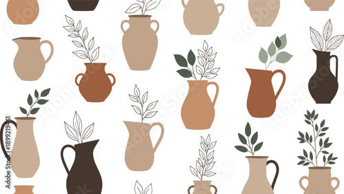 Seamless pattern of hand-drawn ceramic vases and pitchers in earthy tones with botanical leaf branches on a white background.