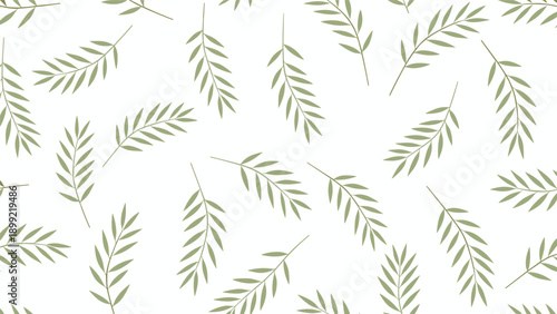 Minimalist seamless pattern of scattered green willow or fern branches on a light background, creating a simple and natural design.