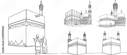 Line art depictions of the kaaba and surrounding islamic architecture