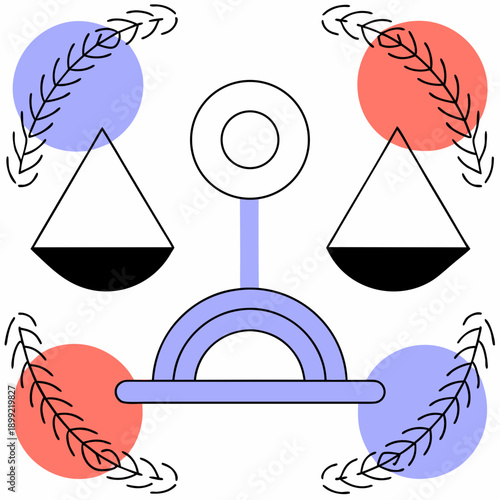 A balanced scale with blue and red spheres representing equilibrium and harmony Vector