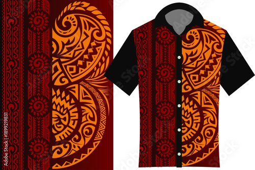 Εκτύπωση καμβά Vibrant Tribal Art Inspired Aloha Shirt for Summer Fashion, Abstract tribal Shirt Vector Design Template, Polynesian Tribal Jersey background, Creative clothes texture, Traditional sportwear dress