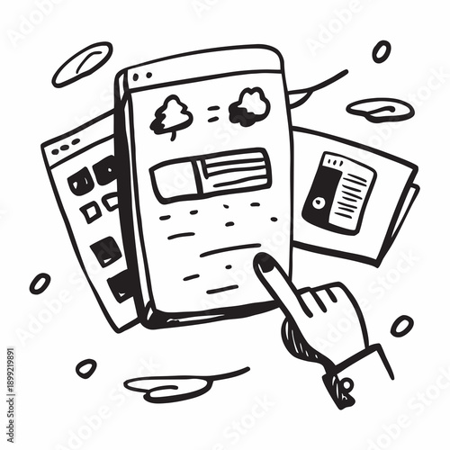 A person is using a smartphone while holding a coffee cup and a book. Vector