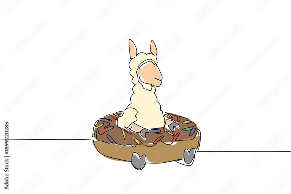 Fototapeta premium One line drawing of colorful woolly alpaca depicts cute animal sitting inside sweet donut for pastry food concept. White adorable llama design for kids stationery purpose with the fluffy farm mammal
