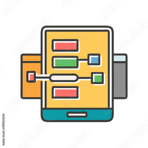 A smartphone displaying a flowchart with various colored boxes and arrows. Vector