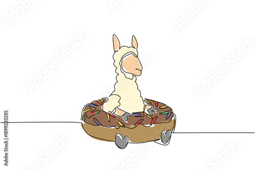One line drawing of colorful woolly alpaca depicts cute animal sitting inside sweet donut for pastry food concept. White adorable llama design for kids stationery purpose with the fluffy farm mammal