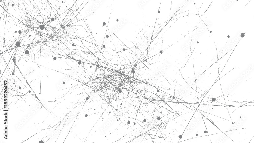 Fototapeta premium Chaotic network of thin grey lines and scattered dark grey dots on a white background abstract texture