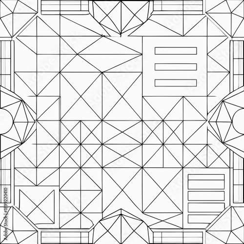 Intricate geometric patterns with various shapes and lines forming a complex design Vector