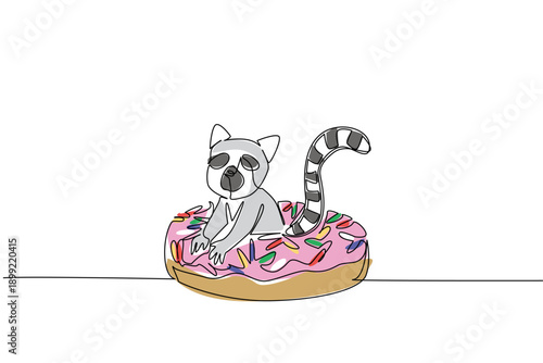 Continuous line draw of adorable lemur for pastry food concept features cute stripped tail animal sitting inside sprinkled donut. Colorful art for kids wall decor purpose with playful jungle primate