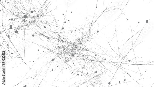 Chaotic network of thin grey lines and scattered dark grey dots on a white background abstract texture
