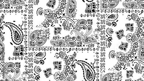 Intricate Black and White Paisley Bandana Style Print seamless pattern background