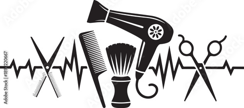Hairdresser heartbeat lifeline graphic showing barber tools and shaving brush for salon professionals