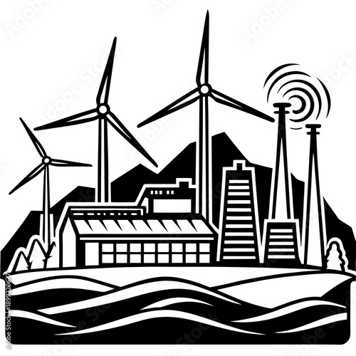 Wind turbines and communication towers on a coastal industrial landscape. Vector