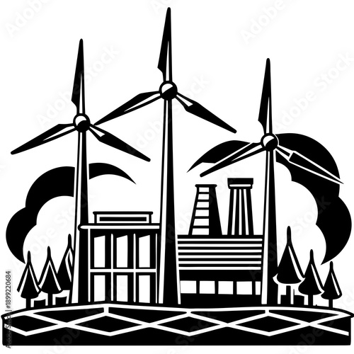 A black and white illustration of a wind turbine and a nuclear power plant. Vector