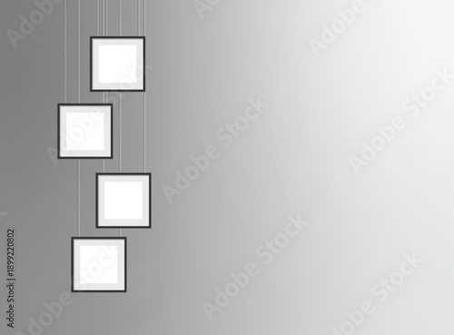 Four minimalist square frames suspended vertically on a clean white background