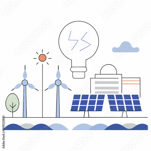 Illustration of renewable energy sources including wind, solar, and hydro power. Vector