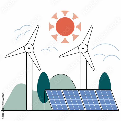 A vibrant illustration of renewable energy sources including wind turbines, solar panels, and the sun. Vector