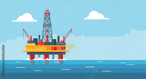 Offshore oil rig platform in the ocean under a blue sky with clouds.