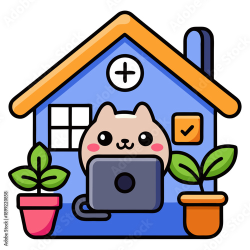 A cartoon cat wearing a doctor's coat standing in front of a house with potted plants Vector
