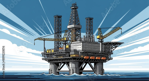 Offshore oil rig platform in the ocean under a blue sky with sunburst effect.