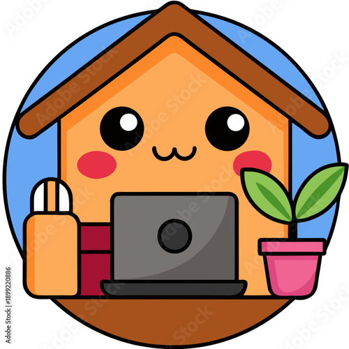 A cheerful cartoon character working on a laptop in a cozy home setting. Vector