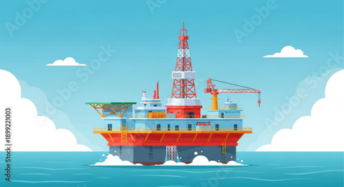 Offshore oil rig platform in the ocean under a blue sky.
