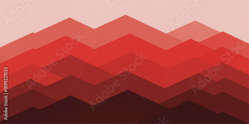 Abstract red geometric background with vector illustrations of mountains and hills under a sunset sky featuring an orange sun and clouds over a forest horizon