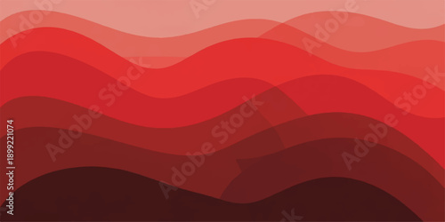 Vector illustration of an abstract red background with waves featuring a sunset silhouette over mountain peaks and a desert valley horizon