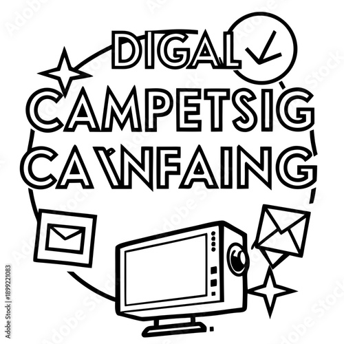 Digital camping showcasing a laptop, tent, and marshmallows over a campfire. Vector