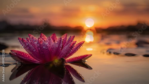 Serene Lotus Bloom at Sunset - A Tranquil Water Lily Reflection.