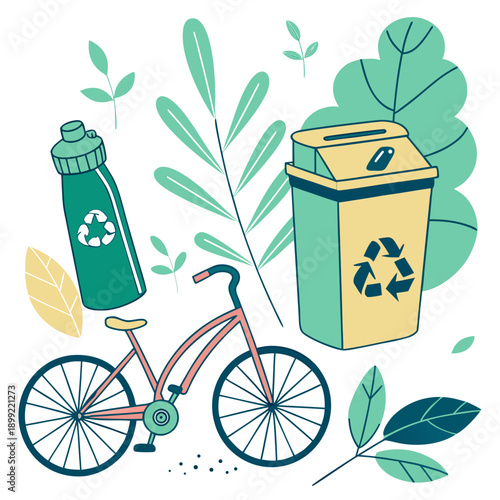 A bicycle with a basket filled with recyclable materials and plants. Vector