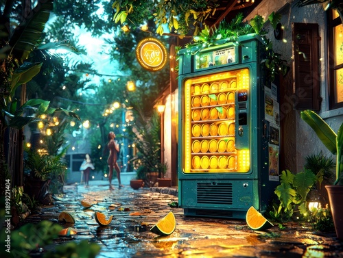 Dreamy Tropical Night with Citrus Vending Machine and Glowing Street