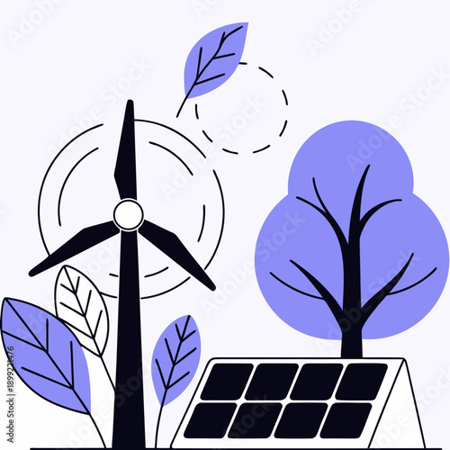 Illustration of renewable energy sources including wind, solar, and plants Vector