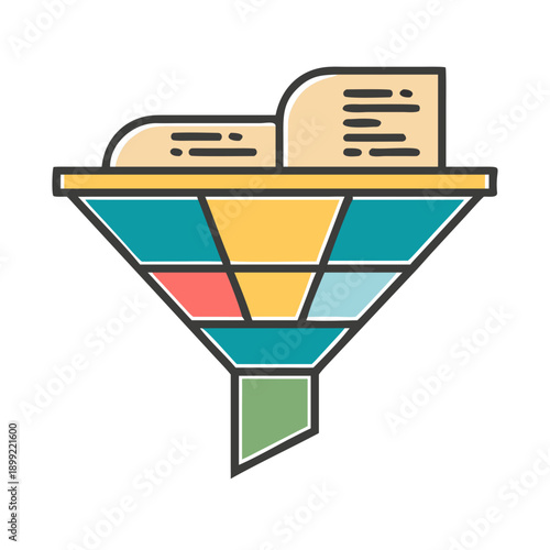 A colorful illustration of a funnel with a book on top, representing data filtering or analysis. Vector