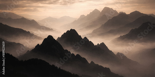 A beautiful morning sunrise glows over the snowy Alps as mist drifts through the forest valley while a golden sunset paints the clouds above the mountain peak