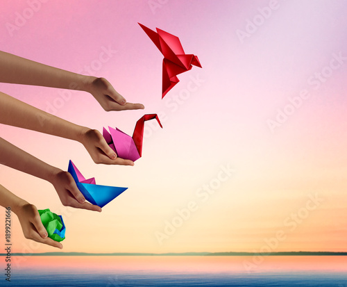 Creativity And success as changing for success as a leadership and business change through innovation and evolution of ability as a crumpled paper transforming into a boat then a swan and a flying bir