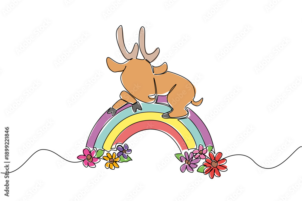 Fototapeta premium Cute animal laying down on the rainbow featuring a deer in a continuous line drawing style. Nature concept design shows the wildlife creature relaxing among the colorful garden flowers