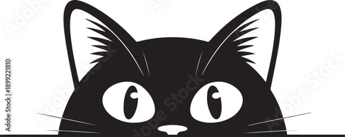 Peeking black cat head with wide eyes and pointed ears hiding behind horizontal line vector graphic