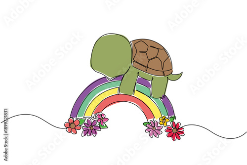 Single line drawing nature concept for cute reptile animal theme, showing a tortoise moving across colorful rainbow with flower, charming for kids room decor and World Turtle Day celebration artwork