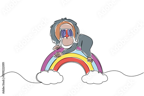 Single line drawing of distinctive mandrill primate with characteristic facial features, lounging across a rainbow arc rests on soft, minimalist clouds. Nature concept for cute rainforest wild animal