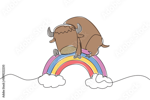 Continuous line drawing of charming heavy strong bison appearing light as a cloud while sleeping on a rainbow arc. Nature concept for cute wild animal, deal for kids room decor and National Bison Day